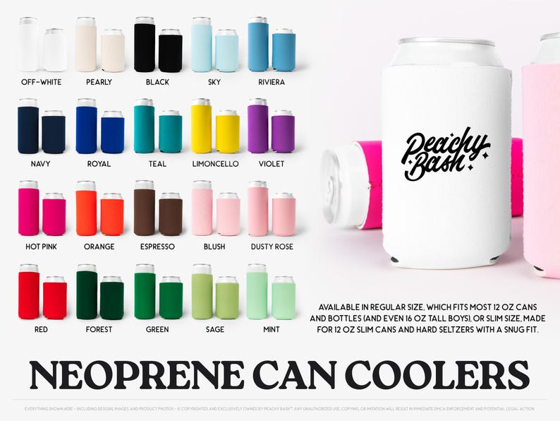 The image is a collage of various colored neoprene can coolers, showcasing different sizes and designs.