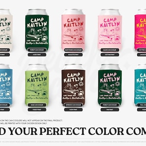 Camp Bachelorette Can Coolers, Personalized Lake Club Bachelorette Drink Can Sleeves, Camping Bachelorette Party Favors, Girls Weekend Trip zdjęcie 2