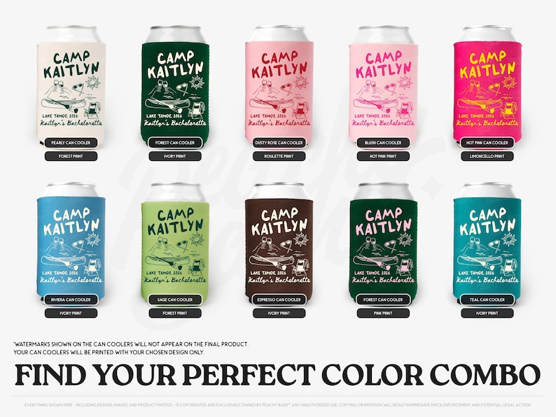 Camp Bachelorette Can Coolers, Personalized Lake Club Bachelorette Drink Can Sleeves, Camping Bachelorette Party Favors, Girls Weekend Trip zdjęcie 2