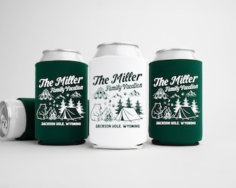 Camp Family Vacation Can Coolers, Personalized Mountain Hiking Drink Can Sleeves, Camping Trip Party Favors