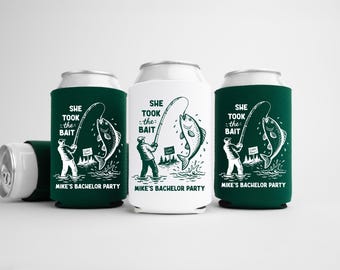 She Took The Bait Bachelor Can Coolers - Custom Fishing Bachelor Party Favors - Personalized Cozies in Regular and Slim Size