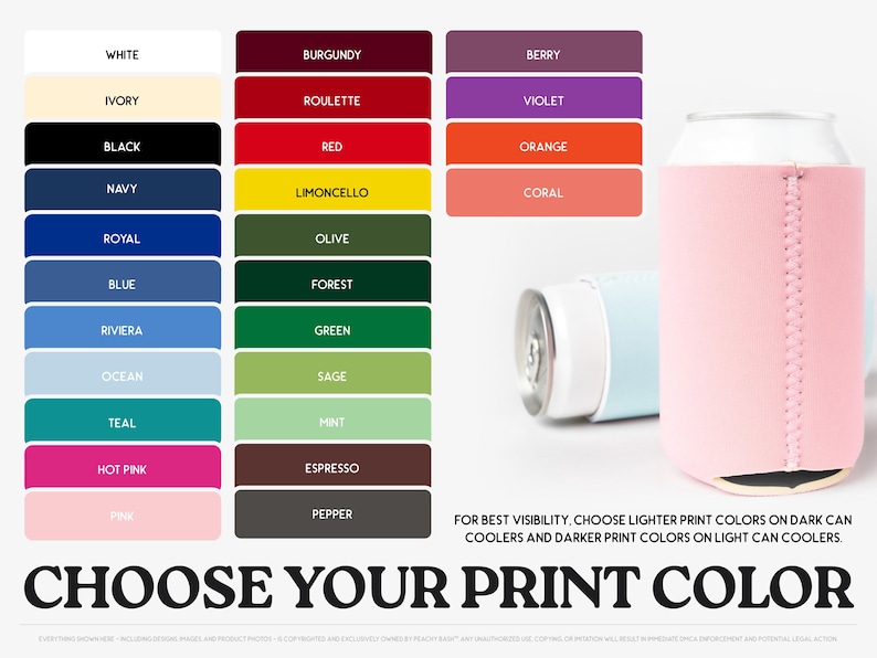 The image is a colorful selection of various drink can colors, along with a can of drink in a pink sleeve, and a text overlay that encourages choosing lighter print colors for better visibility.