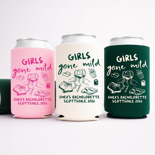 Girls Gone Mild Bachelorette Can Coolers, Spa Personalized Can Sleeves, Custom Bachelorette Party Favors, Girls Night In Can Holder