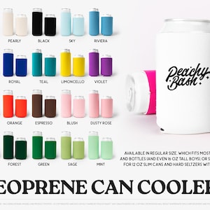 The image is a collage of various colored neoprene can coolers, showcasing different sizes and designs.