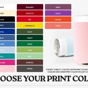 The image is a colorful selection of various drink can colors, along with a can of drink in a pink sleeve, and a text overlay that encourages choosing lighter print colors for better visibility.
