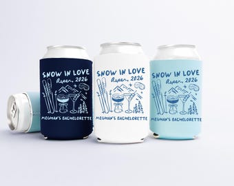 Snow in Love Bachelorette Can Cooler, Personalized Mountain Ski Bachelorette Can Sleeves, Winter Bachelorette Party Favors
