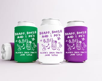 New Orleans Bachelorette Can Coolers, Bead Booze and I dos Personalized Can Sleeves, NOLA Custom Bachelorette Party Favors, Mardi Gras Can