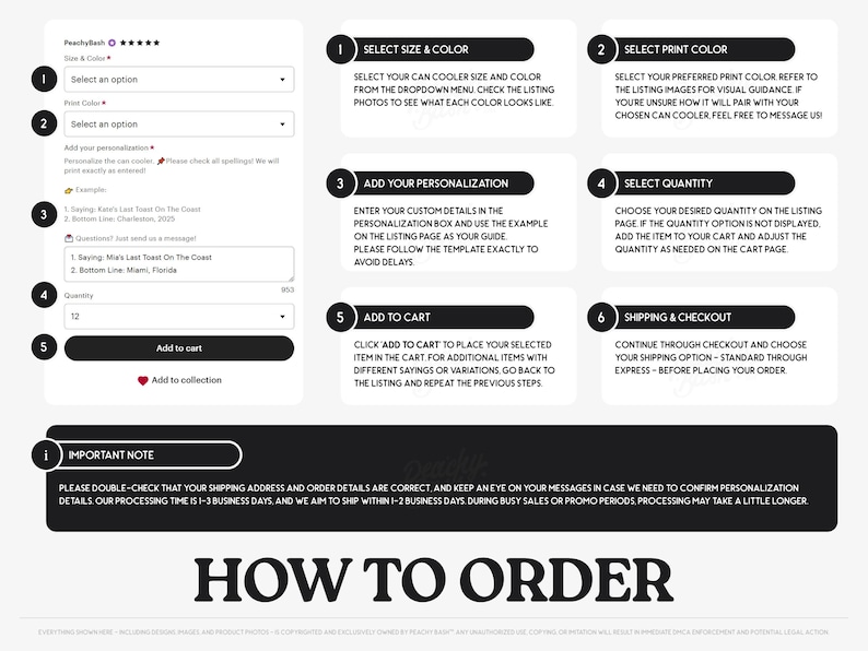 The image is a screenshot of a website's ordering process, showing various steps and options for placing an order.