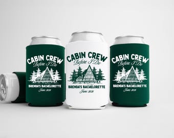 Cabin Crew Bachelorette Can Coolers, Personalized Camp Bachelorette Drink Can Sleeves, Camping Bachelorette Party Favors, Bach Can Holder