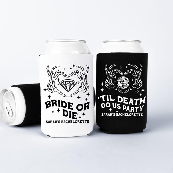 Bride or Die Bachelorette Can Coolers, Halloween Bachelorette Can Sleeves, Custom Till Death Do Us Party Bachelorette Party Favors