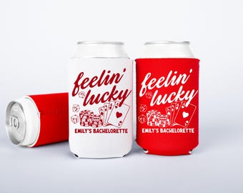 Vegas Bachelorette Can Coolers, Personalized Feeling Lucky Can Sleeves, Custom Bachelorette Party Favors, Bach Can Holder