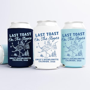 Last Toast On The Slopes Can Cooler, Personalized Ski Mountain Bachelorette Can Sleeves, Winter Bachelorette Party Favors