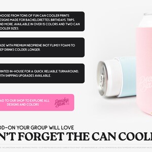 The image is a promotional advertisement for Peachy Batch can coolers. It features a close-up of a pink and blue can cooler, along with text describing the features and benefits of the product.