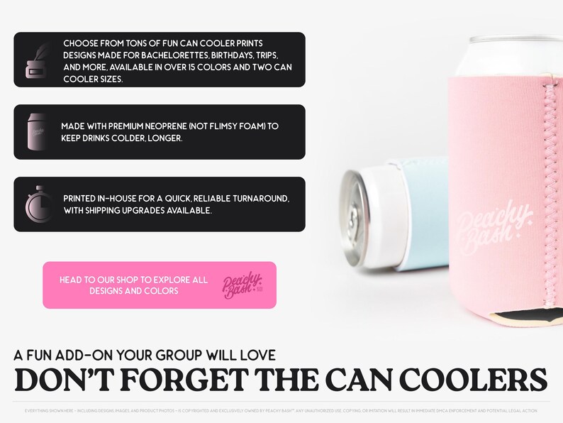 The image is a promotional advertisement for Peachy Batch can coolers. It features a close-up of a pink and blue can cooler, along with text describing the features and benefits of the product.