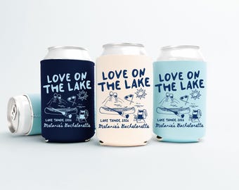 Love On The Lake Bachelorette Can Coolers, Personalized Lake Club Bachelorette Drink Can Sleeves, Camping Bachelorette Party Favors