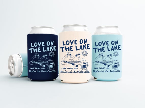 Love On The Lake Bachelorette Can Coolers, Personalized Lake Club Bachelorette Drink Can Sleeves, Camping Bachelorette Party Favors