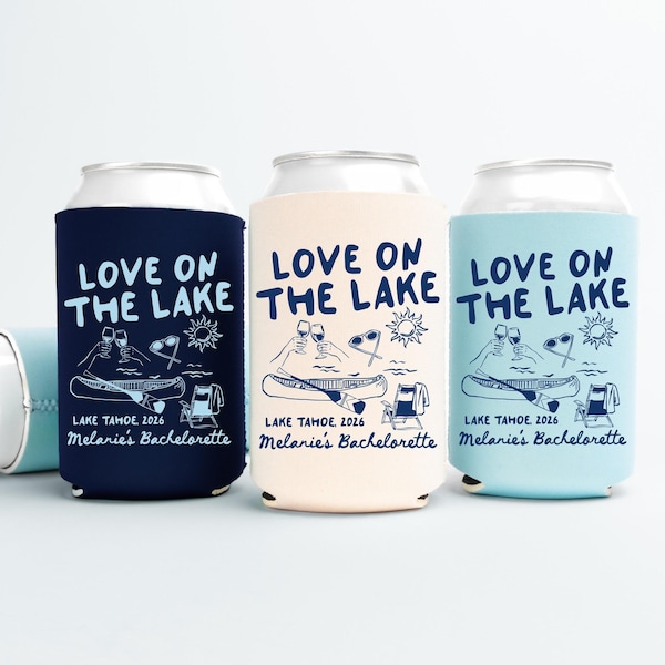 Enfriadores de latas para despedida de soltera con temática de amor en el lago, fundas personalizadas para latas de bebidas para despedida de soltera en un club junto al lago, recuerdos para despedida de soltera en campamento