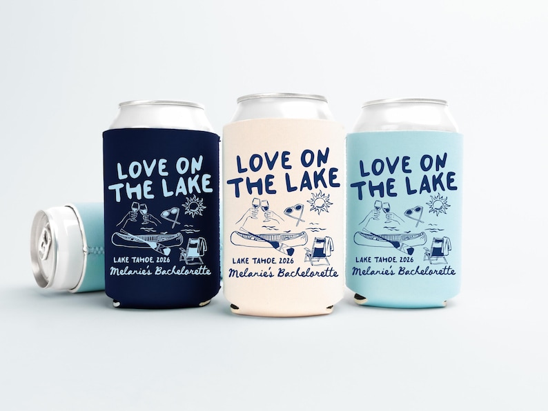 Love On The Lake Bachelorette Can Coolers, Personalized Lake Club Bachelorette Drink Can Sleeves, Camping Bachelorette Party Favors image 1