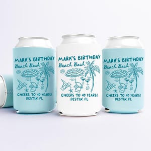 Forty Birthday Can Coolers, 30th, 40th, 50th Birthday Personalized Can Sleeves, Beach Coastal  Birthday Party Favors
