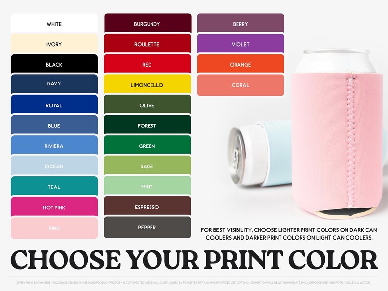 The image is a colorful selection of various drink can colors, along with a can of drink in a pink sleeve, and a text overlay that encourages choosing lighter print colors for better visibility.