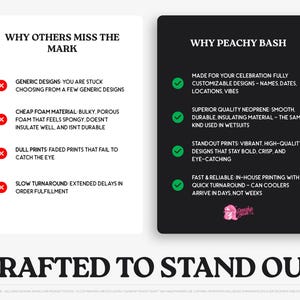 The image is a comparison of two different designs, one with a peach color scheme and the other with a black color scheme. The text highlights the differences between the two designs, such as the choice of materials, the quality of the foam, and the printing options. The image is not a full-length photo but rather a selection of images that are used to create a comparison.