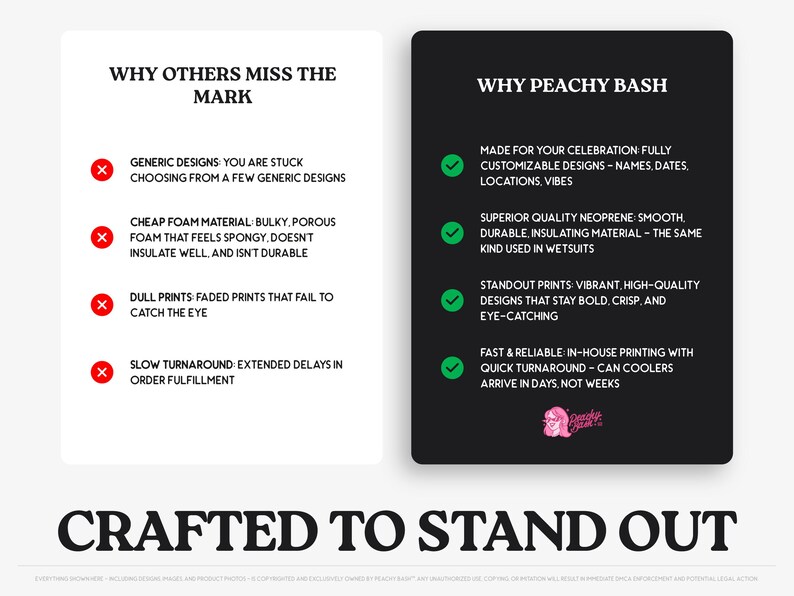 The image is a comparison of two different designs, one with a peach color scheme and the other with a black color scheme. The text highlights the differences between the two designs, such as the choice of materials, the quality of the foam, and the printing options. The image is not a full-length photo but rather a selection of images that are used to create a comparison.
