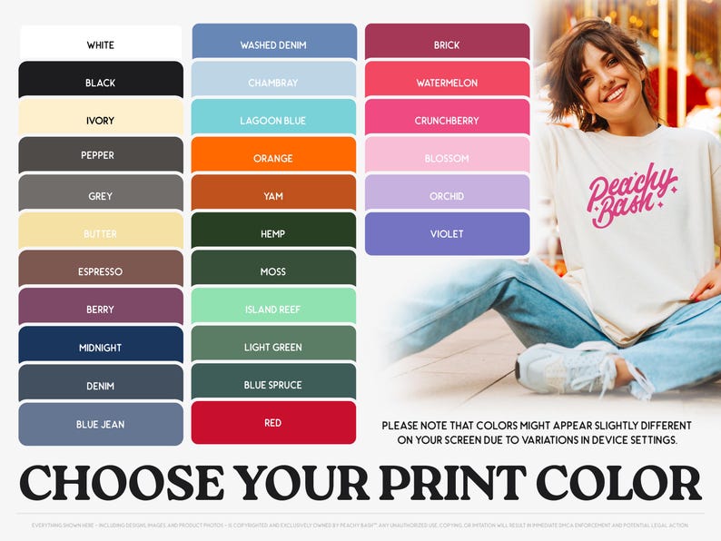 The image is a collage featuring a woman sitting on the ground with a variety of colorful clothing items displayed next to her.