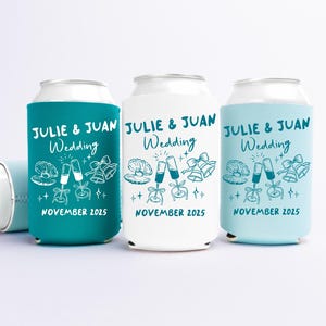 Wedding Can Coolers, Seashells and Wedding Bells Can Coolers, Personalized Can Sleeves, Custom Beach Coastal Bachelorette Party Favors