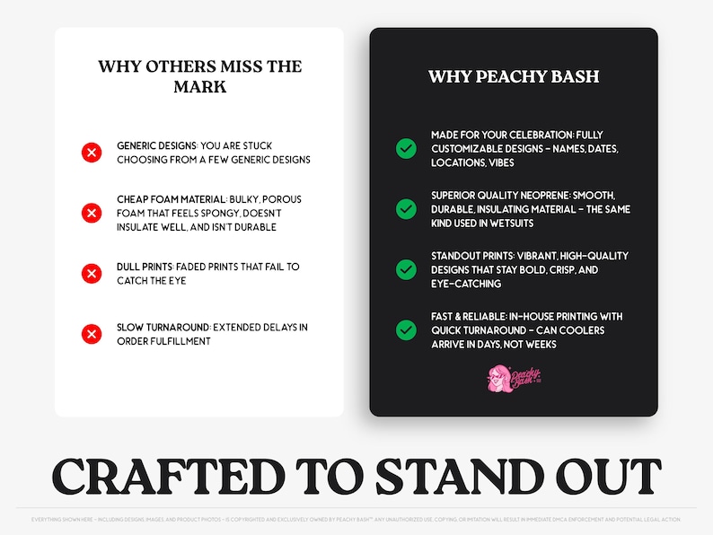 The image is a comparison of two different designs, one with a peach color scheme and the other with a black color scheme. The text highlights the differences between the two designs, such as the choice of materials, the quality of the foam, and the printing options. The image is not a full-length photo but rather a selection of images that are used to create a comparison.