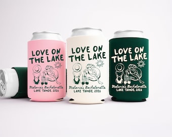 Love On The Lake Bachelorette Can Coolers, Personalized Lake Club Bachelorette Drink Can Sleeves, Camping Bachelorette Party Favors