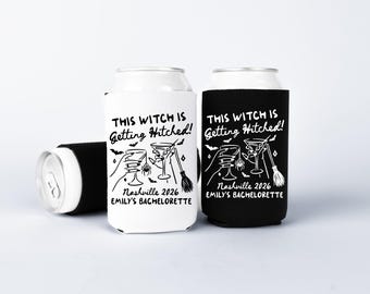 This Witch Is Getting Hitched Bachelorette Can Coolers, Custom Halloween Neoprene Can Sleeves in Slim and Regular Sizes