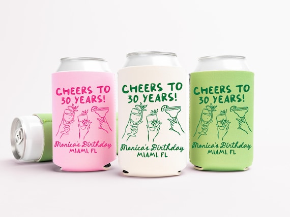 Cheers to 30 Years Birthday Can Cooler - Custom Birthday Party Favors - Personalized Cozies in Regular and Slim Size