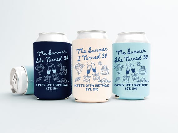 The Summer I Turned Thirty Birthday Can Coolers, 30th, 40th, 50th Birthday Personalized Can Sleeves, Beach Coastal  Birthday Party Favors
