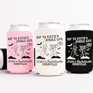 Rip To Single Life Bachelorette Can Cooler - Custom Halloween Bachelorette Party Favors - Personalized Cozies in Regular and Slim Size