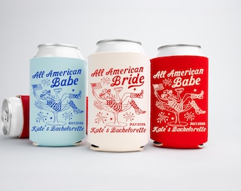 All American Bride Bachelorette Can Coolers - Custom 4th of July Bachelorette Party Favors - Personalized Cozies in Regular and Slim Size