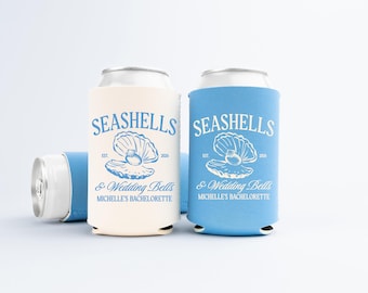 Seashells and Wedding Bells Can Coolers, Personalized Bachelorette Can Sleeves, Custom Social Club Bachelorette Party Favors, Can Holder