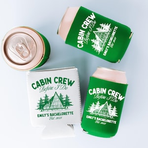 Cabin Crew Bachelorette Can Coolers, Personalized Camp Bachelorette Drink Can Sleeves, Camping Bachelorette Party Favors, Bach Can Holder