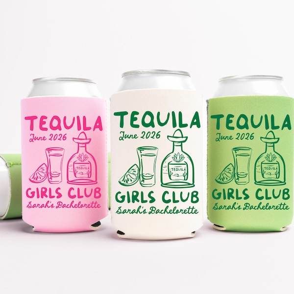 Tequila Girls Club Bachelorette Can Coolers, Personalized Can Sleeves, Custom Beach Coastal Bachelorette Party Favors, Mexico Bachelorette
