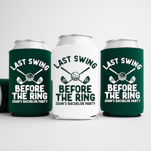 Last Swing Before The Ring Bachelor Can Coolers, Personalized Golf Can Sleeves, Custom Golf Bachelor Party Favors, Bach Can Holder
