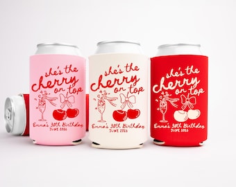 She's The Cherry On Top Bachelorette Can Coolers, Personalized Can Sleeves, Custom Bachelorette Party Favors