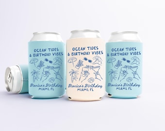 Enfriador de latas con temática de océano y ambiente de cumpleaños - Recuerdos personalizados para fiestas de cumpleaños en la playa - Fundas personalizadas en tamaño regular y delgado