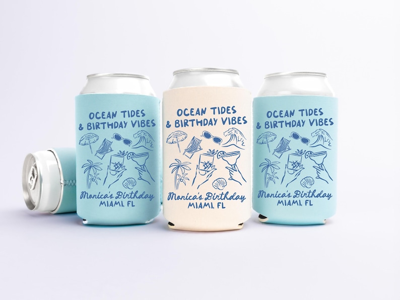 Ocean Tides & Birthday Vibes Birthday Can Cooler - Custom Beach Birthday Party Favors - Personalized Cozies in Regular and Slim Size afbeelding 1
