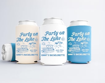 Party On The Lake Bachelorette Can Coolers, Personalized Lake Drink Can Sleeves, Camping Bachelorette Party Favors, Outdoorsy Bachelorette