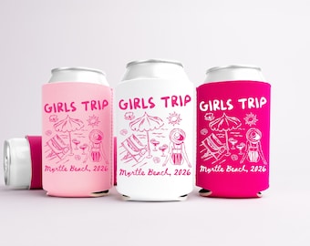 Girls Trip Beach Bachelorette Can Coolers, Coastal Personalized Can Sleeves, Custom Beach Coastal Vacation Trip Party Favors
