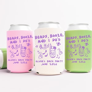 New Orleans Bachelorette Can Coolers, Bead Booze and I dos Personalized Can Sleeves, NOLA Custom Bachelorette Party Favors, Mardi Gras Can