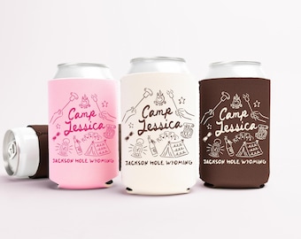 Camp Bachelorette Can Coolers, Personalized Mountain Lake Drink Can Sleeves, Camping Bachelorette Party Favors