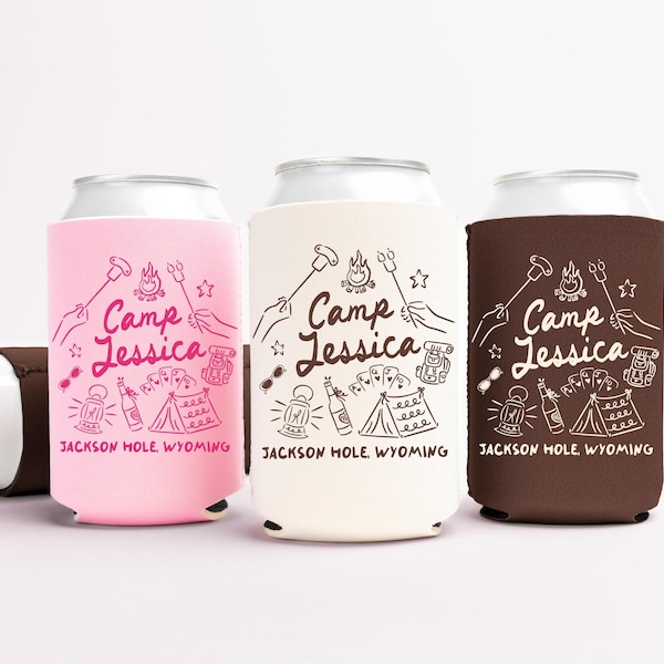Camp Bachelorette Can Coolers, Personalized Mountain Lake Drink Can Sleeves, Camping Bachelorette Party Favors