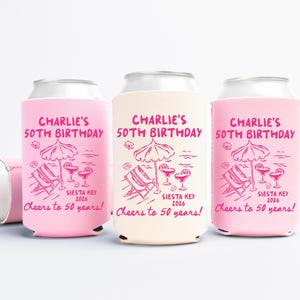 Fifty Birthday Can Coolers, 30th, 40th, 50th Birthday Personalized Can Sleeves, Beach Coastal  Birthday Party Favors