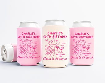 Fifty Birthday Can Coolers, 30th, 40th, 50th Birthday Personalized Can Sleeves, Beach Coastal  Birthday Party Favors