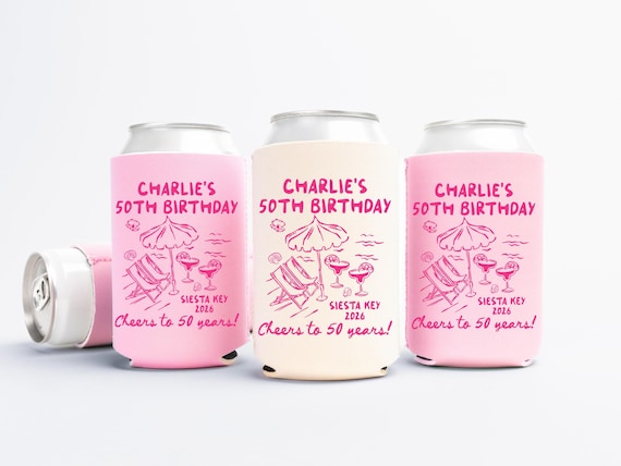 Fifty Birthday Can Coolers, 30th, 40th, 50th Birthday Personalized Can Sleeves, Beach Coastal  Birthday Party Favors